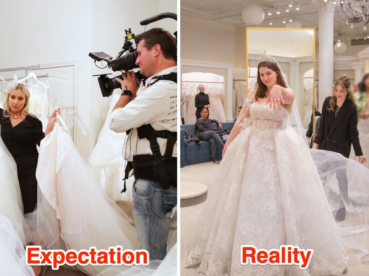 A side-by-side of a woman being filmed in a bridal store and a woman trying on a wedding dress.