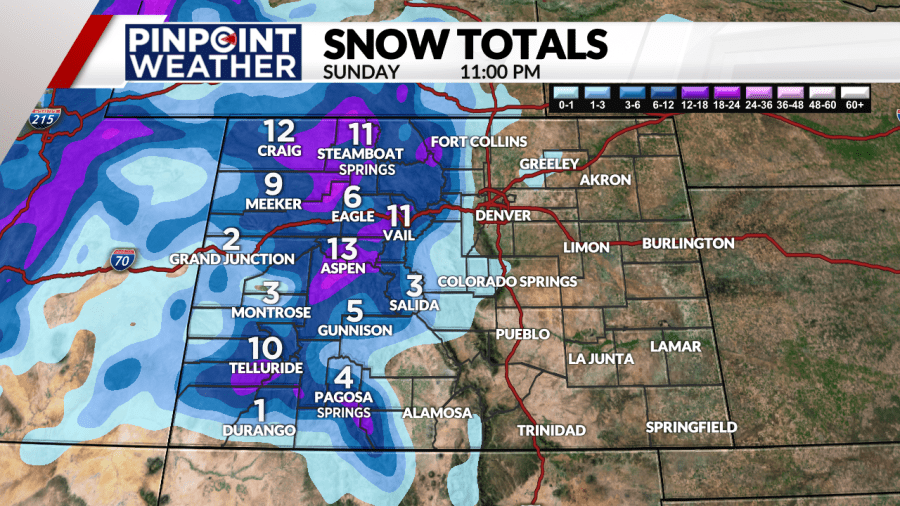 Possible snow totals by Sunday night