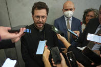 Newly named cardinal Giorgio Marengo speaks to reporters, during a press conference at the Vatican, Saturday, Aug. 27, 2022. Pope Francis will formally expand the ranks of churchmen now eligible to vote for his successor in case he dies or resigns. Of the 20 churchmen being raised to cardinal’s rank on Saturday in the ceremony known as a consistory in St. Peter’s Basilica, 16 are younger than 80 and thus, according to church law, could participate in a conclave – a ritual-shrouded, locked-door assembly of cardinals who cast paper ballots to elect a new pontiff. (AP Photo/Andrew Medichini)