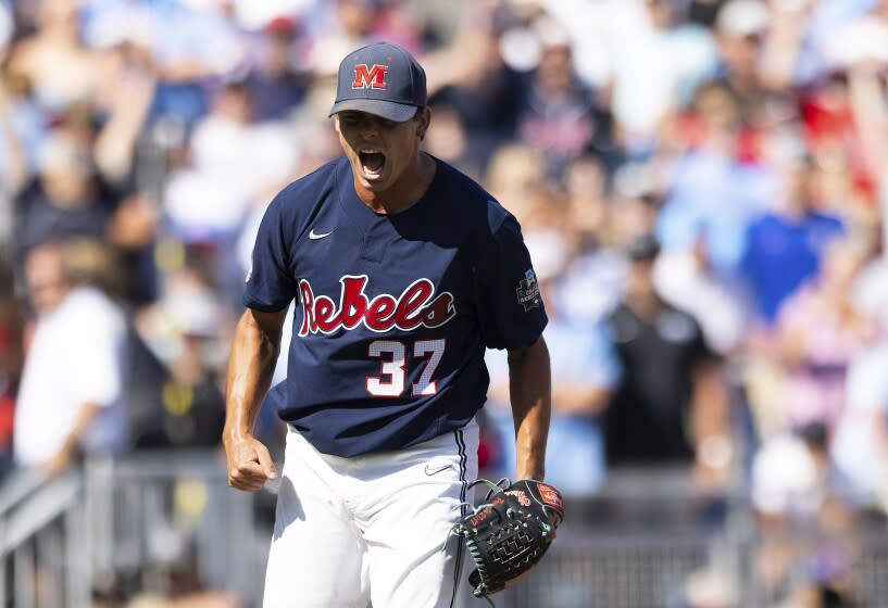 Mississippi pitcher Brandon Johnson (37) reacts after striking out the penultimate Oklahoma batter.