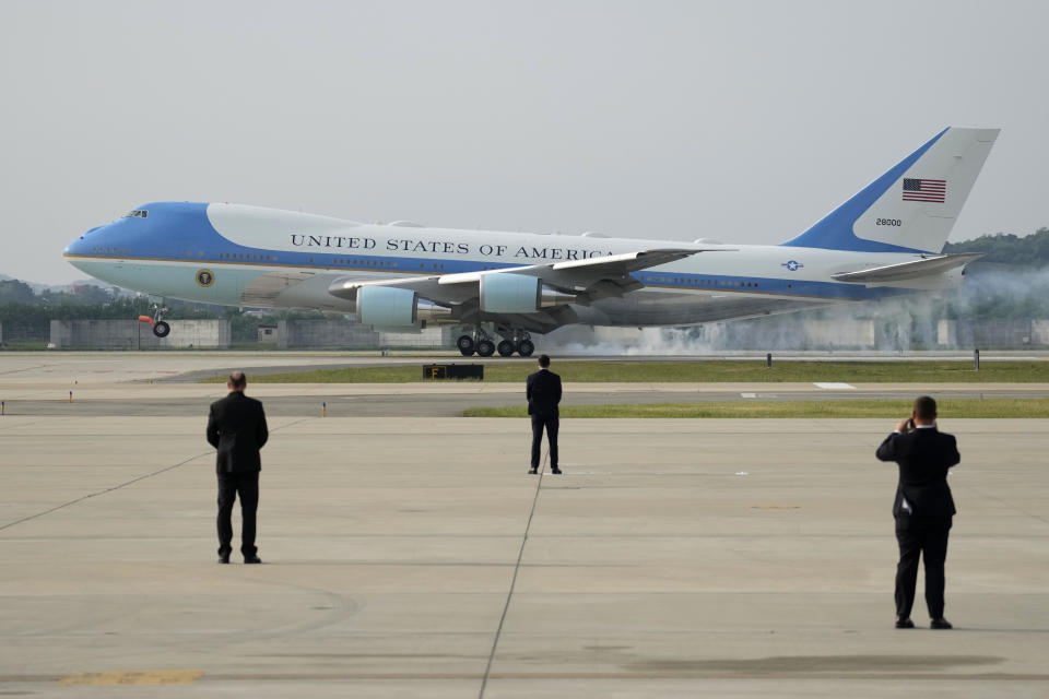 Air Force One with U.S. President Joe Biden arrives at Osan Air Base in Pyeongtaek, South Korea, Friday, May 20, 2022. / Credit: Lee Jin-man / AP