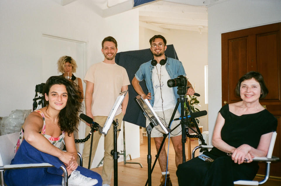 Jenny Slate, Nick Paley, Dean Fleischer Camp and Isabella Rosellini on set. (Courtesy A24)