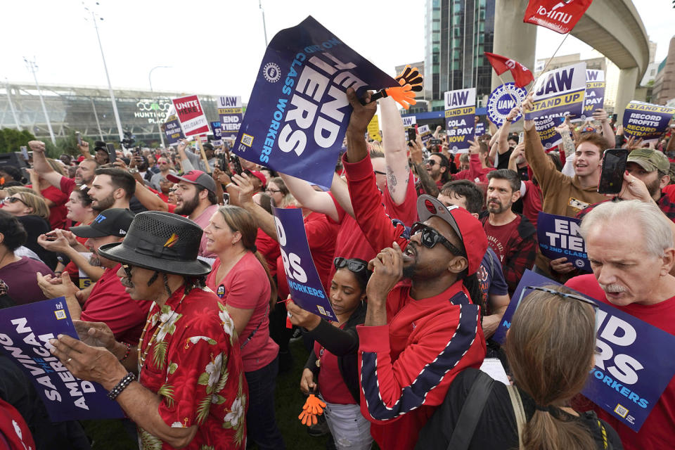 United Auto Workers members hold a rally in Detroit, Friday, Sept. 15, 2023. The UAW is conducting a strike against Ford, Stellantis and General Motors. (Paul Sancya / AP)