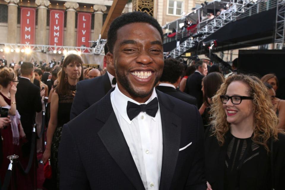 Chadwick Boseman arrives at the 2016 Oscars in Los Angeles (AP)