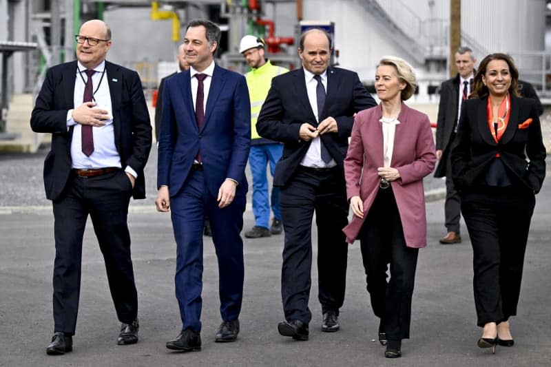 Jan Remeysen, Chairman of the Management Board and CEO of BASF Antwerp, Belgian Prime Minister Alexander De Croo, Martin Brudermüller, CEO BASF, European Commission president Ursula Von der Leyen and Ilham Kadri, CEO and President of the Executive Committee of Solvay pictured during the European Industry Summit 'A Business Case for Europe', at the BASF plant in Antwerp, organised under the Belgian presidency of the European Union. Dirk Waem/Belga/dpa