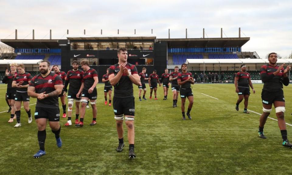 Saracens, pictured after a friendly against a Leicester XV last month, were relegated last season after failing to adhere to the Premiership’s salary cap.