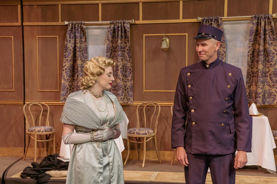 Sarah Olson and Rob Attaway rehearse a scene from Amarillo Little Theatre's latest production, "Murder on the Orient Express."