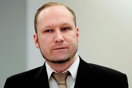 Norwegian mass killer Anders Behring Breivik attends the second day of his terrorism and murder trial in Oslo, Norway, April 17, 2012. Pool/Files