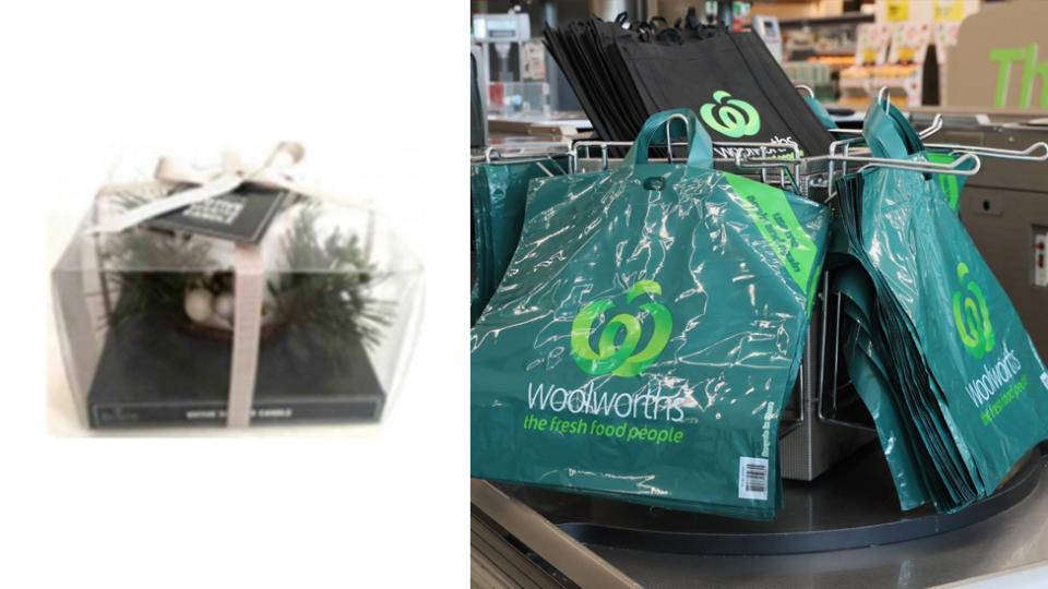 The candle that has been recalled (left) and an image of Woolworths bags (right).