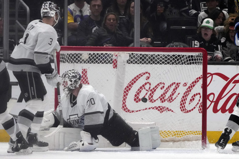 Los Angeles Kings goaltender Joonas Korpisalo (70) gives up a goal to Winnipeg Jets left wing Pierre-Luc Dubois, not seen, during the second period of an NHL hockey game Saturday, March 25, 2023, in Los Angeles. (AP Photo/Marcio Jose Sanchez)