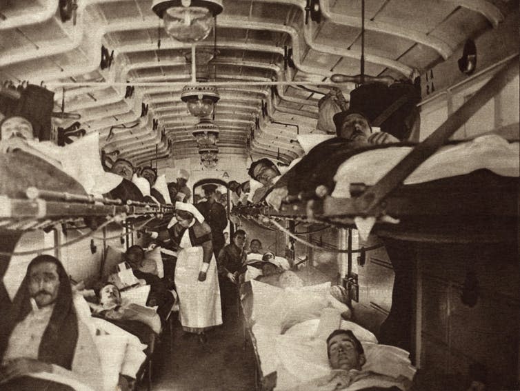 <span class="caption">Injured British troops are evacuated in a hospital train.</span> <span class="attribution"><a class="link " href="https://www.shutterstock.com/download/media/248197867" rel="nofollow noopener" target="_blank" data-ylk="slk:Shutterstock;elm:context_link;itc:0;sec:content-canvas">Shutterstock</a></span>