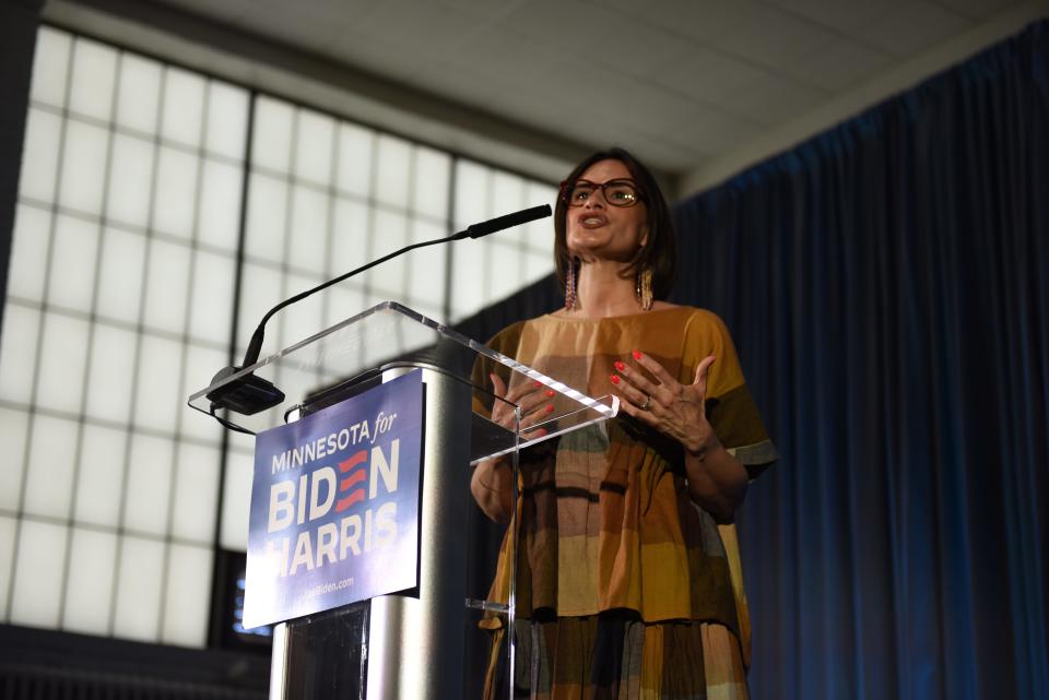 Minnesota Democratic Lt. Gov. Peggy Flanagan addresses a crowd at a Biden-Harris campaign rally on  June 25, 2024 at the Sabathani Community Center.