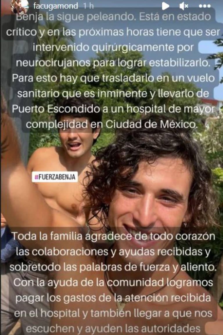 Facundo, hermano de Benjamín Gamond, cuenta a través de su Instagram las novedades en la situación del joven atacado a machetazos en México