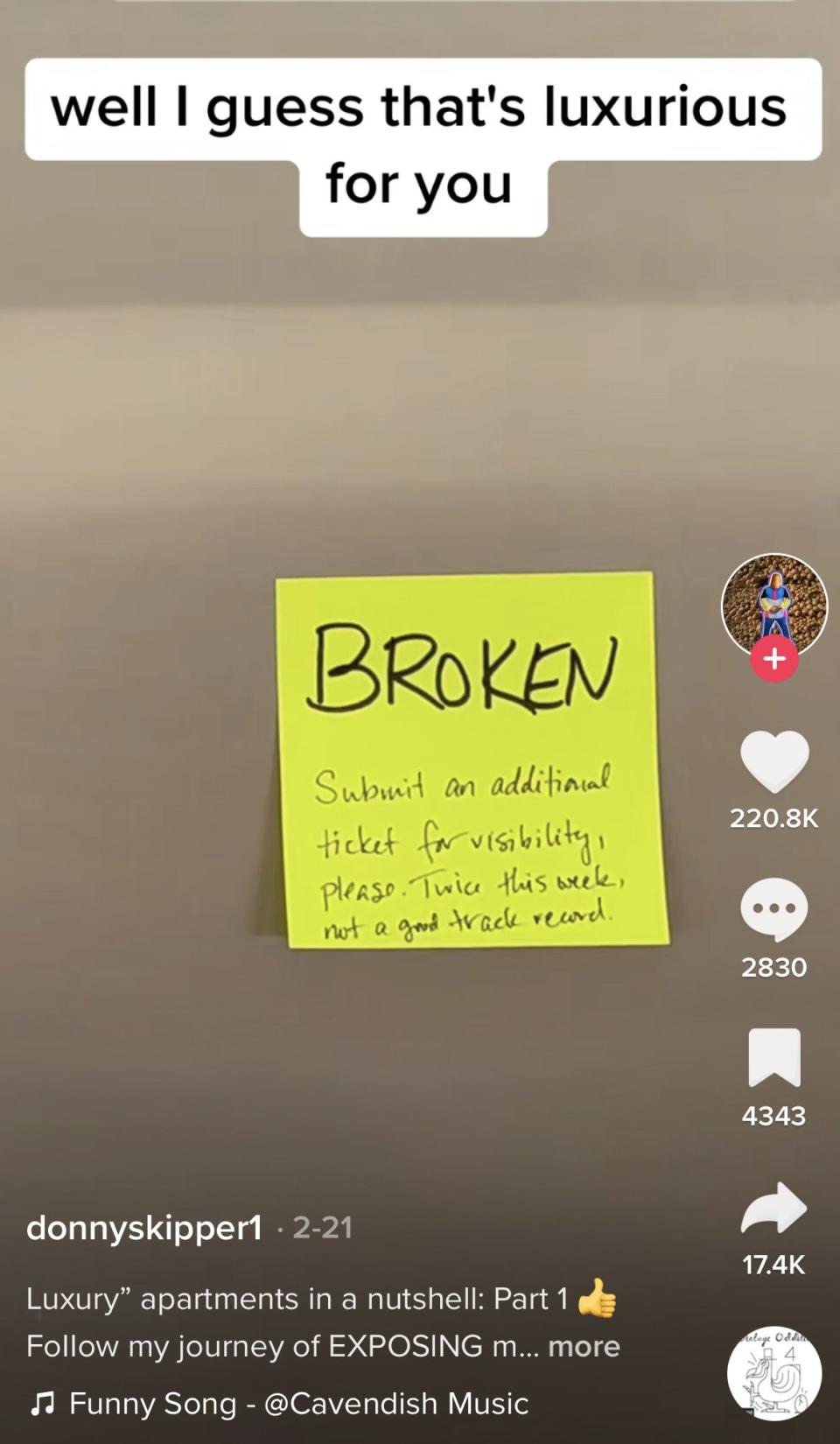 post it saying broken stuck to an elevator door captioned well I guess that's luxurious for you