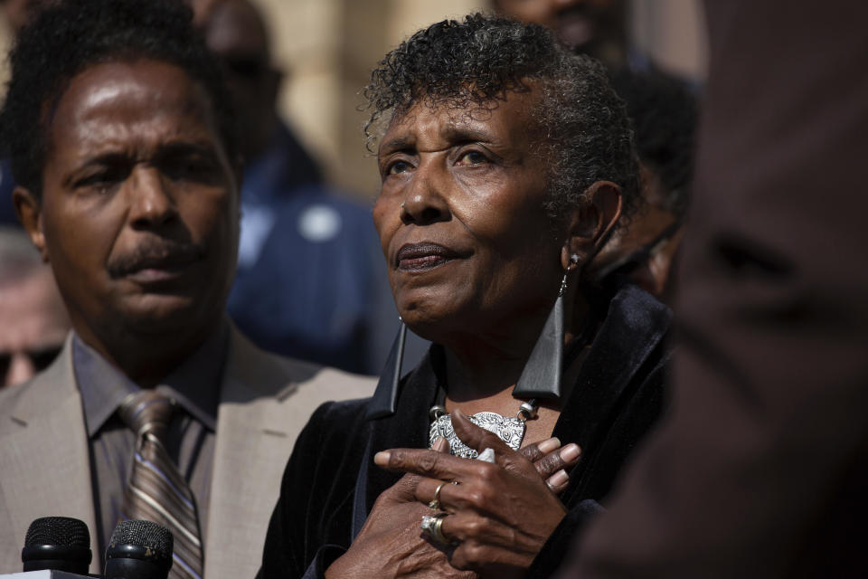 Robin Harris, the daughter of Ruth Whitfield, speaks during a press conference outside the Antioch Baptist Church on Thursday, May 19, 2022, in Buffalo, N.Y. / Credit: Joshua Bessex / AP