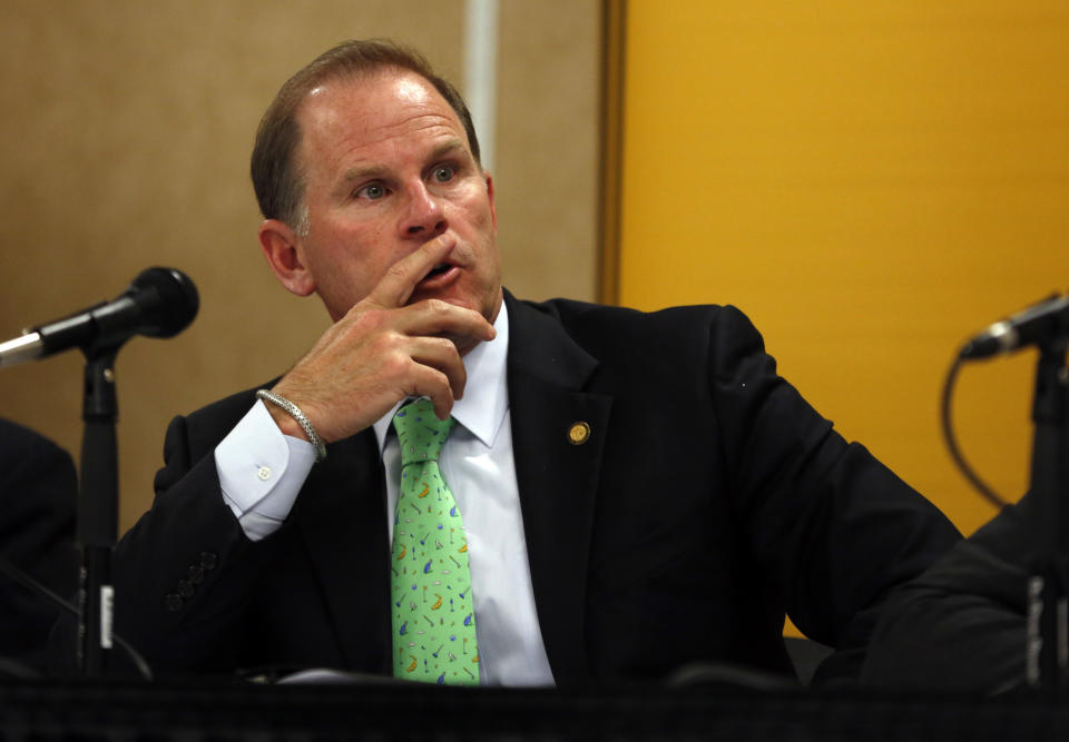 University of Missouri President Tim Wolfe participates in a news conference Friday, April 11, 2014, in Rolla, Mo. The news conference was held to discuss an outside legal review of the university's response to a case involving school swimmer Sasha Menu Courey, who killed herself 16 months after an alleged off-campus rape by as many as three football players in February 2010. (AP Photo/Jeff Roberson) hs after an alleged off-campus rape by as many as three football players in February 2010. (AP Photo/Jeff Roberson)