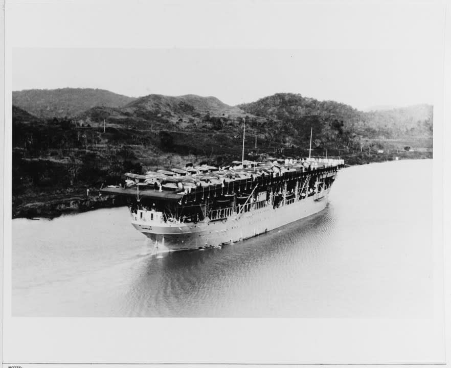 Passes through the Panama Canal during the late 1930s, with other U.S. Navy Fleet units. (NHHC)