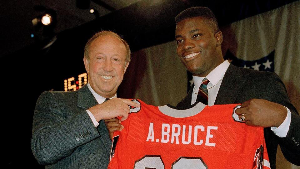 Mandatory Credit: Photo by Peter Moran/AP/Shutterstock (6032824a)Aundray Bruce Aundray Bruce, right, holds up his new jersey with NFL Commissioner Pete Rozelle at the NFL Draft at the Marriott Marquis Hotel in New York, .