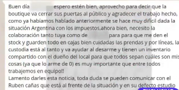 El mensaje que Vannucci le envió a una de sus empleadas. Foto: Captura Canal 9.
