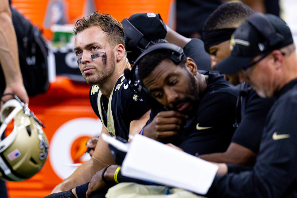 Aug 27, 2023; New Orleans, Louisiana, USA; New Orleans Saints quarterback Jake Haener (14) looks on against the Houston Texans during the first half at the Caesars Superdome. Mandatory Credit: Stephen Lew-USA TODAY Sports