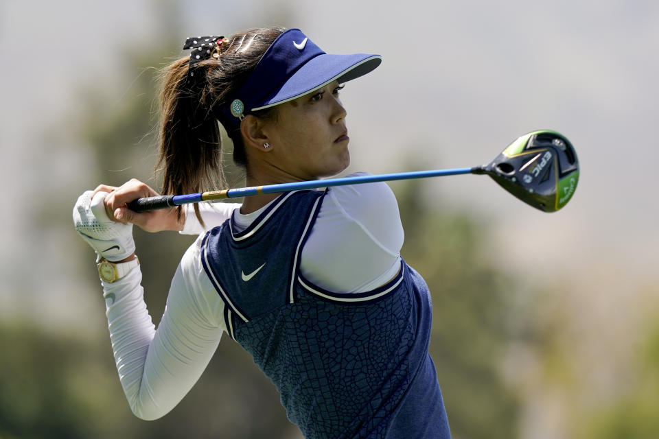 Michelle Wie watches her tee shot on the 118th hole during the second round of the LPGA Tour ANA Inspiration golf tournament at Mission Hills Country Club Friday, April 5, 2019, in Rancho Mirage, Calif. (AP Photo/Chris Carlson)