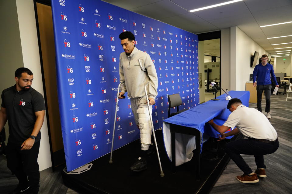 Philadelphia 76ers' Danny Green leaves after speaking at a news conference at the team's NBA basketball practice facility, Friday, May 13, 2022, in Camden, N.J. (AP Photo/Matt Slocum)