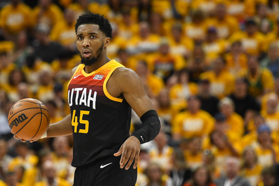 SALT LAKE CITY, UTAH - APRIL 21: Donovan Mitchell #45 of the Utah Jazz in action during the second half of Game Three of the Western Conference First Round Playoffs against the Dallas Mavericks at Vivint Smart Home Arena on April 21, 2022 in Salt Lake City, Utah. NOTE TO USER: User expressly acknowledges and agrees that, by downloading and/or using this Photograph, user is consenting to the terms and conditions of the Getty Images License Agreement. (Photo by Alex Goodlett/Getty Images)