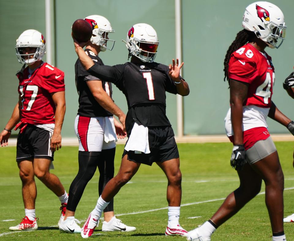 June 14, 2022; Tempe, Arizona; USA; Cardinals quarterback Kyler Murray (1) throws during camp at the Tempe training facility.