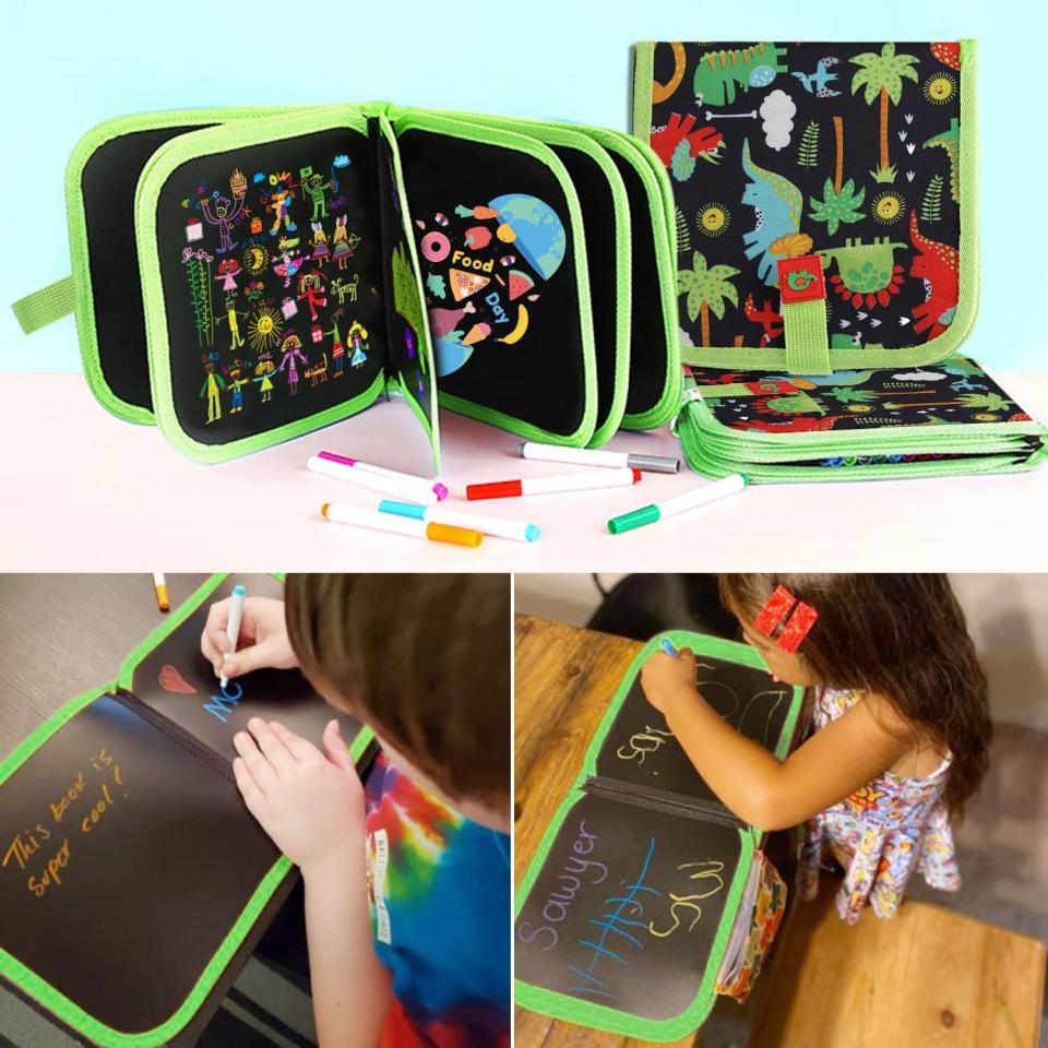 This reusable doodle book is eight inches square closed and comes with 14 reusable pages and 12 watercolor pens that wash off easily with water and a rag. It's easy to pack up to use in the car or on the go and help little ones learning numbers and letters. Promising review: 