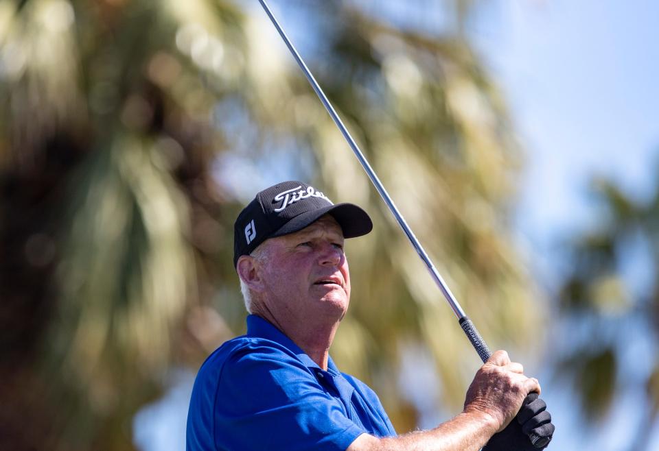 Sandy Lyle tees off on 11 during the final round of the Galleri Classic in Rancho Mirage, Calif., Sunday, March 26, 2023. 