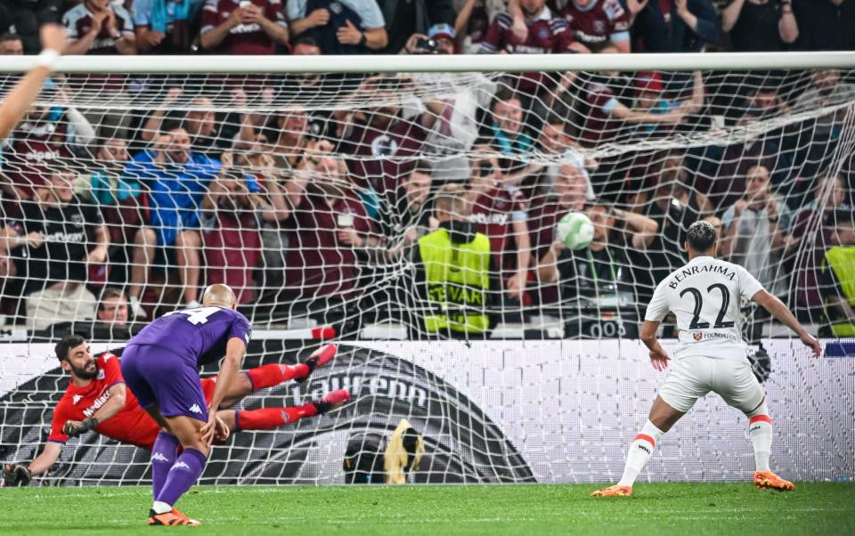 Said Benrahma (R) of West Ham United converts a penalty to score the 0-1 goal during the UEFA Europa Conference League Final - FILIP SINGER/EPA-EFE/Shutterstock