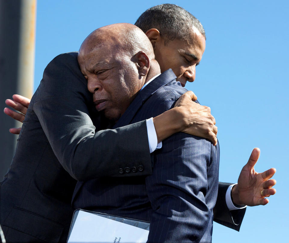 President Barack Obama hugs Rep. John Lewis (D-Ga.) on March 7, 2015, after his introduction during an event in Selma, Alabama, to commemorate the 50th anniversary of Bloody Sunday and the Selma to Montgomery civil rights marches. (Photo: Pete Souza/White House via Reuters)