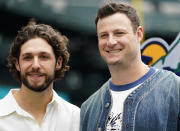 National League starting pitcher Zac Gallen, of the Arizona Diamondbacks, left, and American League starting pitcher Gerrit Cole, of the New York Yankees, pose for a photo following a press conference, Monday, July 10, 2023, in Seattle. The All-Star Game will be played Tuesday, July 11. (AP Photo/Lindsey Wasson)