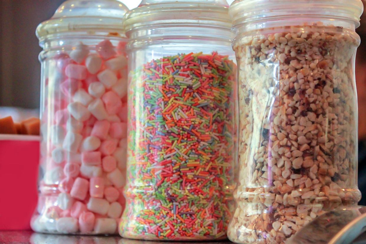 ice cream toppings in glass jars