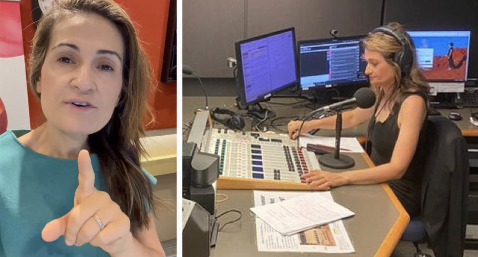 The host of ABC's Radio National Breakfast, Patricia Karvelas, looking at the camera (left) and at her radio desk (right).