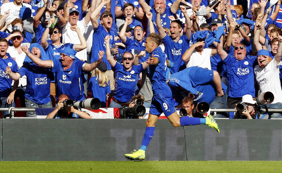 Football Soccer Britain - Leicester City v Manchester United - FA Community Shield - Wembley Stadium - 7/8/16 Leicester City's Jamie Vardy celebrates scoring their first goal Reuters / Eddie Keogh Livepic EDITORIAL USE ONLY. No use with unauthorized audio, video, data, fixture lists, club/league logos or "live" services. Online in-match use limited to 45 images, no video emulation. No use in betting, games or single club/league/player publications. Please contact your account representative for further details.