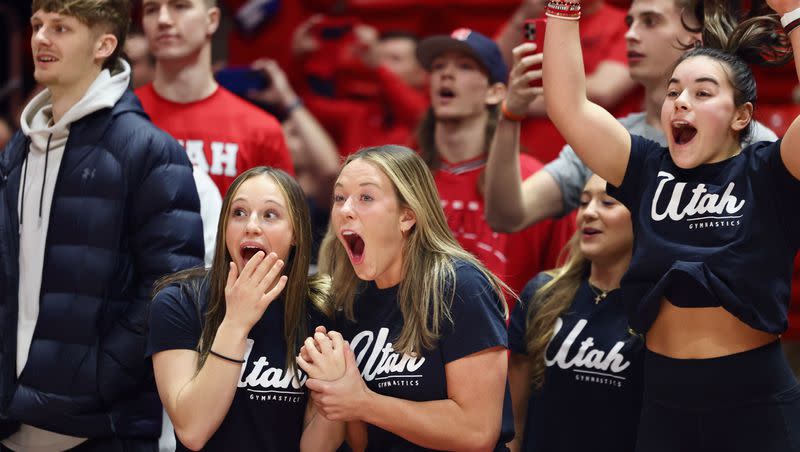 Utah men’s basketball player Cole Bajema, gymnasts Ella Zirbes, Jaylene Gilstrap and Sarah Krump react to big NIL news at the Huntsman Center Wednesday, Dec. 13, 2023.