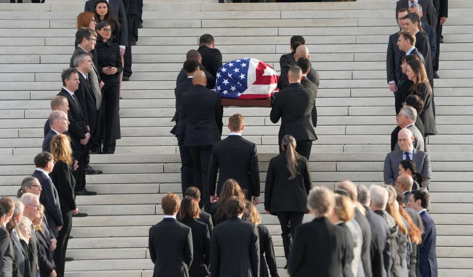 The casket of retired Supreme Court Justice Sandra Day O'Connor arrives at the United States Supreme Court in Washington, D.C., on Dec. 18, 2023. O'Connor, the first woman to serve on the Supreme Court, died on Dec. 1, 2023.