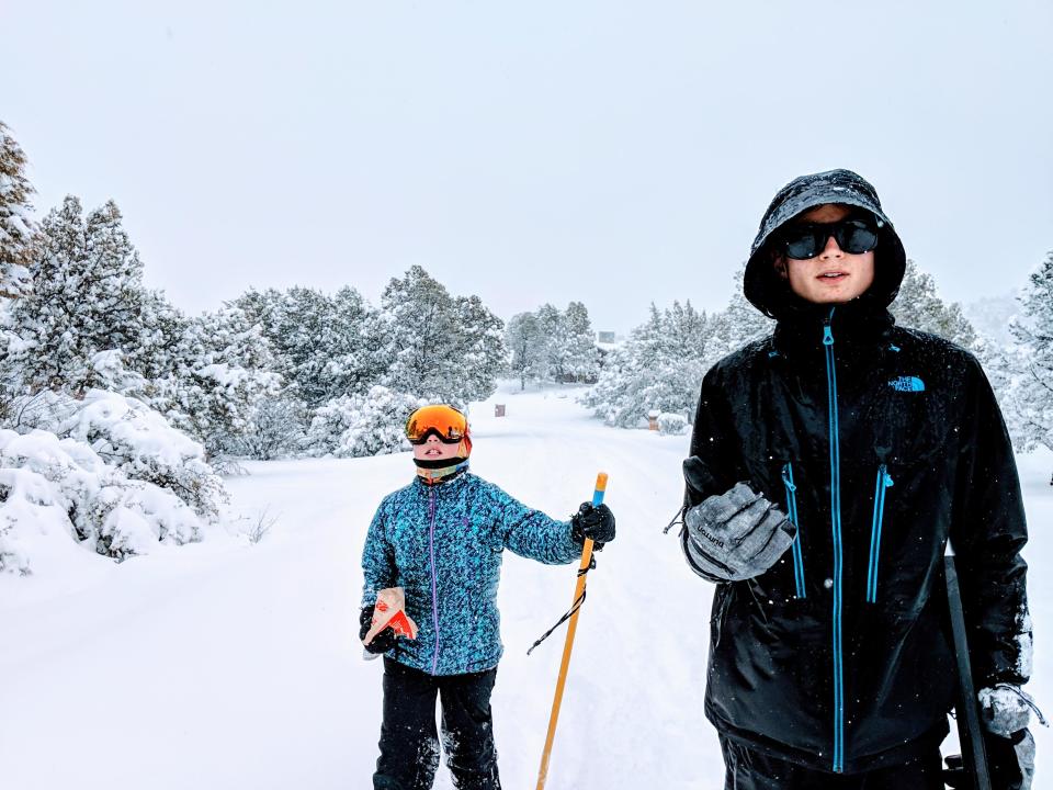 Erysse and Aren Elliott in a snowstorm in Prescott, Arizona, in early 2019.