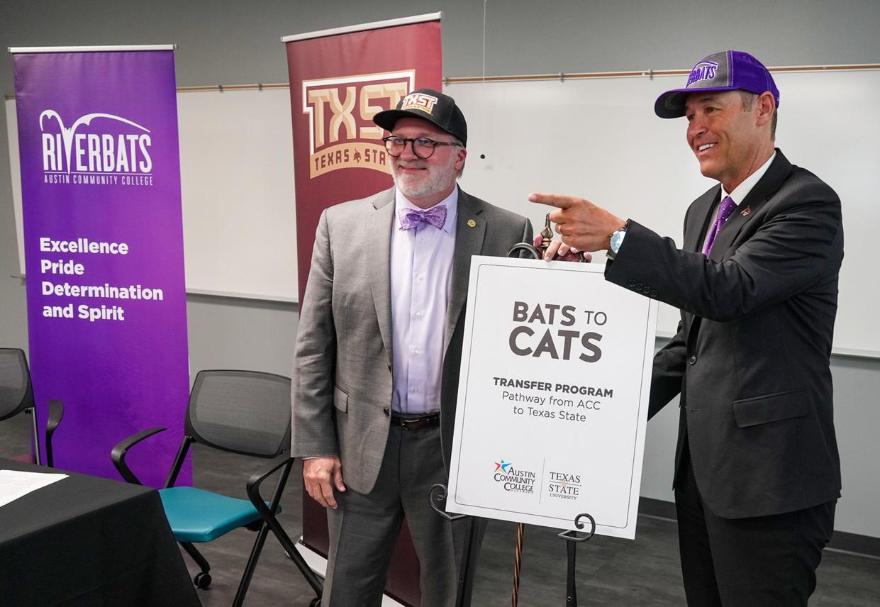 The Bats to Cats program will help Riverbats from ACC Chancellor Russell Lowery-Hart's campuses become Bobcats at Texas State President Kelly Damphousse's campuses.
