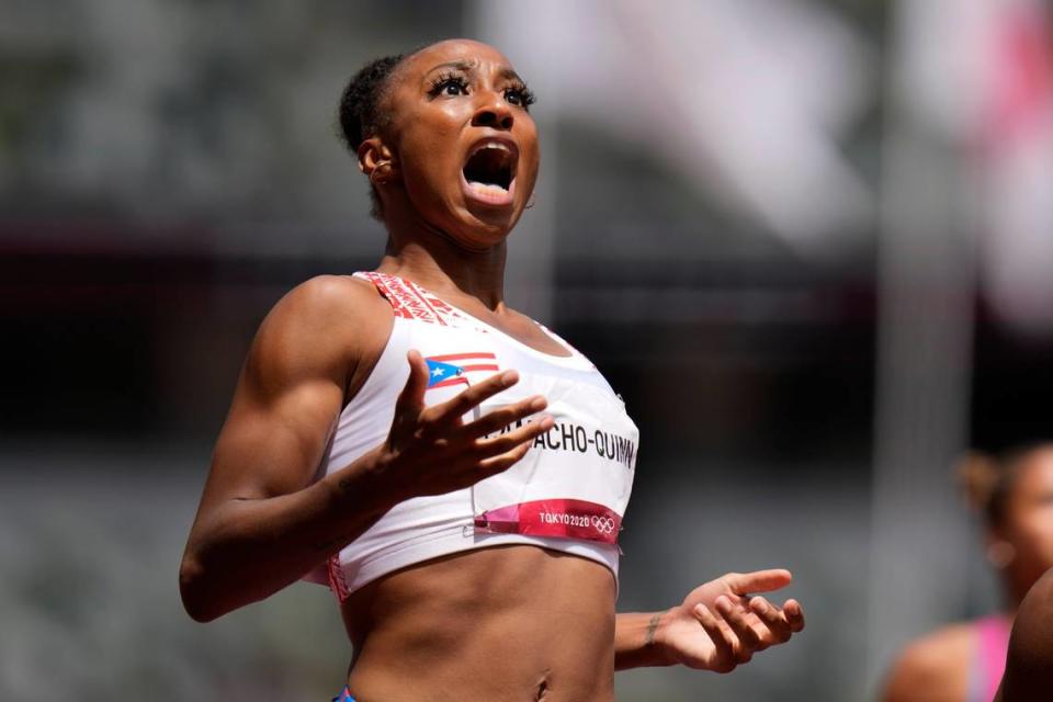 Jasmine Camacho-Quinn, of Puerto Rico, reacts after winning the women’s 100-meters hurdles final at the 2020 Summer Olympics, Monday, Aug. 2, 2021, in Tokyo. (AP Photo/Petr David Josek)