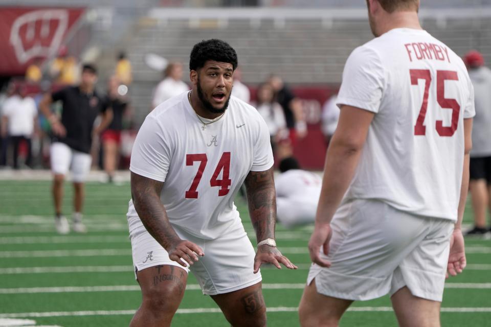 Alabama offensive lineman Kadyn Proctor (74) is shown before their game against Wisconsin Saturday, September 14, 2024 at Camp Randall Stadium in Madison, Wisconsin.