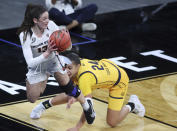 Oregon State guard Sasha Goforth (13) inbounds the ball as California forward Evelien Lutje Schipholt (24) defends during an NCAA college basketball game in the first round of the Pac-12 women's tournament Wednesday, March 3, 2021, in Las Vegas. (AP Photo/Isaac Brekken)