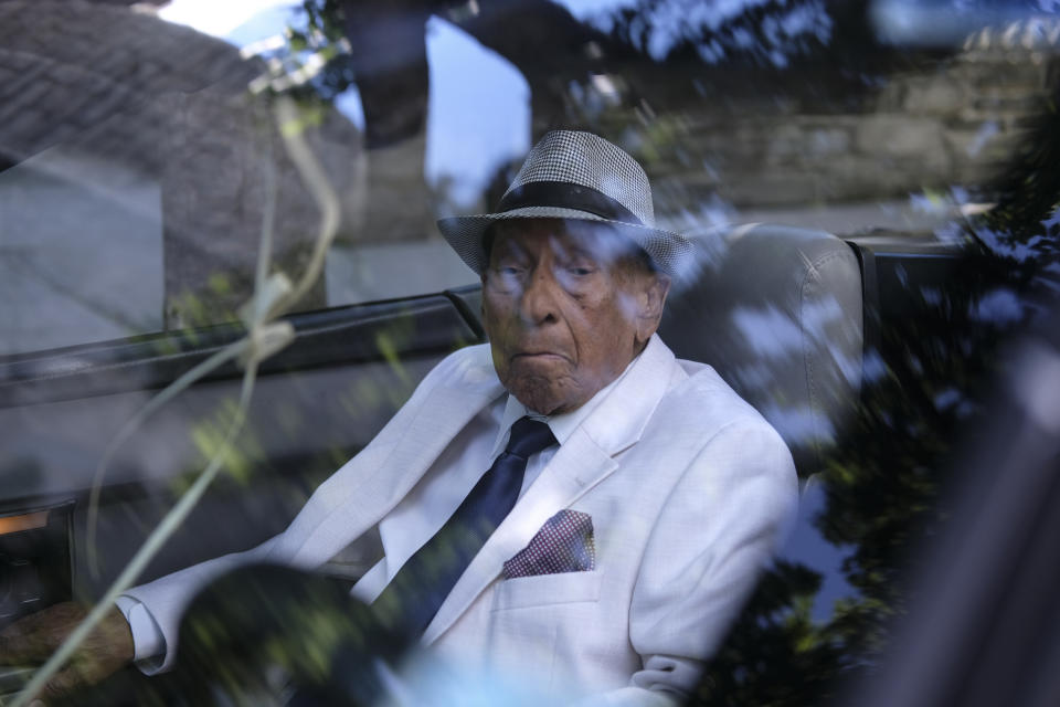 Francisco Fernandez, 95, poses for a portrait outside St. Peter the Apostle Catholic Church in Reading, Pa., on Sunday, June 9, 2024. (AP Photo/Luis Andres Henao)