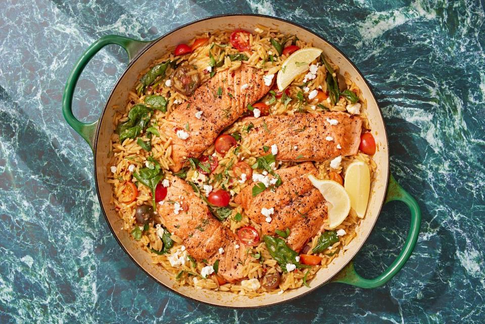 <p>Not all great dinners need to be complicated to make. This one-pot meal makes cleanup a breeze, but it's real victory is how simple everything is from start to finish.</p><p>Get the recipe from <a href="https://www.delish.com/cooking/recipe-ideas/a37886994/one-pot-salmon-and-orzo-recipe/" rel="nofollow noopener" target="_blank" data-ylk="slk:Delish;elm:context_link;itc:0;sec:content-canvas" class="link ">Delish</a>.</p>