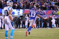 Dec 20, 2015; East Rutherford, NJ, USA; New York Giants wide receiver Odell Beckham Jr. (13) celebrates after scoring a touchdown against the Carolina Panthers during the fourth quarter at MetLife Stadium. Mandatory Credit: Brad Penner-USA TODAY Sports