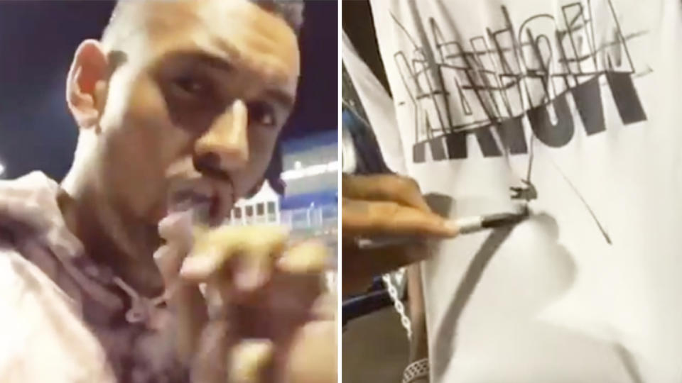 Nick Kyrgios has scribbled over a Novak Djokovic t-shirt in a social media video. (Images: Twitter)