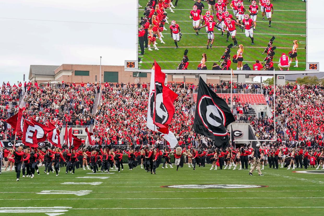 Nov 6, 2021; Athens, Georgia, USA; The Georgia Bulldogs run out for the start of a game against the Missouri Tigers at Sanford Stadium. Dale Zanine-USA TODAY Sports