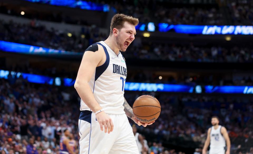 Dallas Mavericks guard Luka Doncic reacts during the fourth quarter against the Phoenix Suns in game three of the second round of the 2022 NBA playoffs at American Airlines Center.