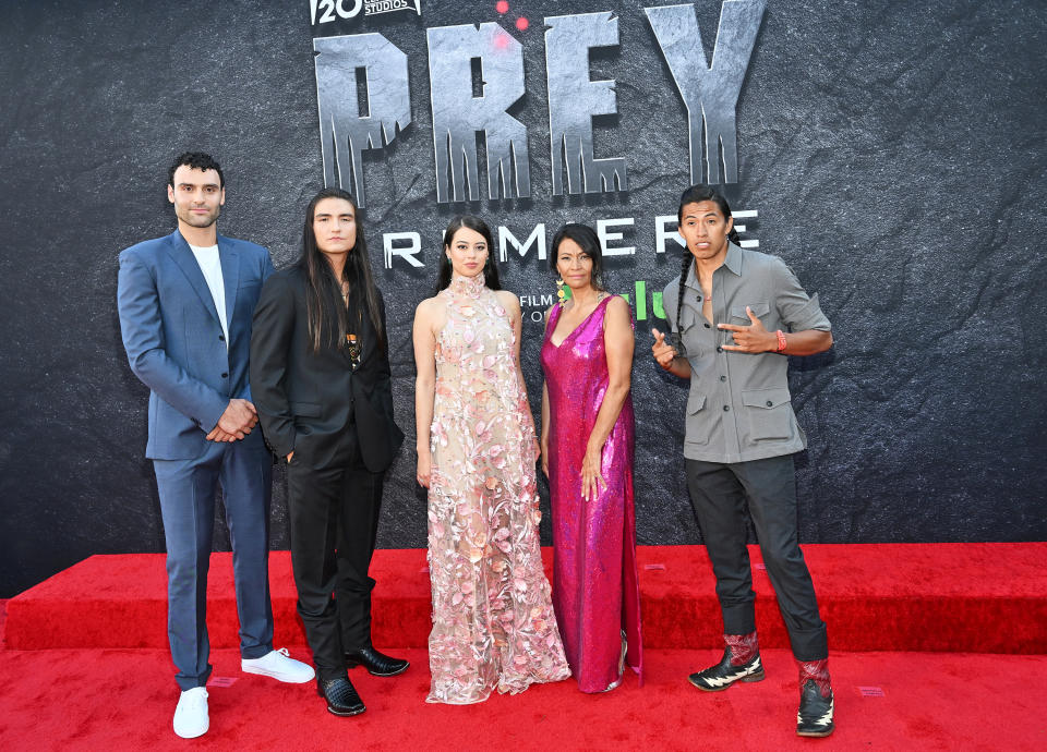 Dane DiLiegro, Dakota Beavers, Amber Midthunder, Michelle Thrush and Stormee Kipp attend the premiere of “Prey” on Aug. 2 in Los Angeles. - Credit: Michael Buckner for Variety